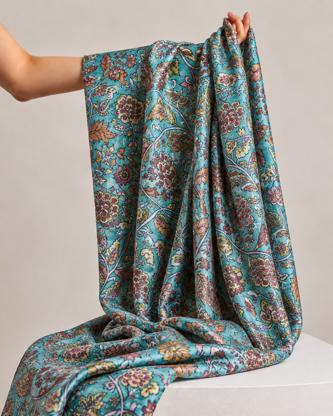 Aqua Blue Tussar Kalamkari Printed Fabric