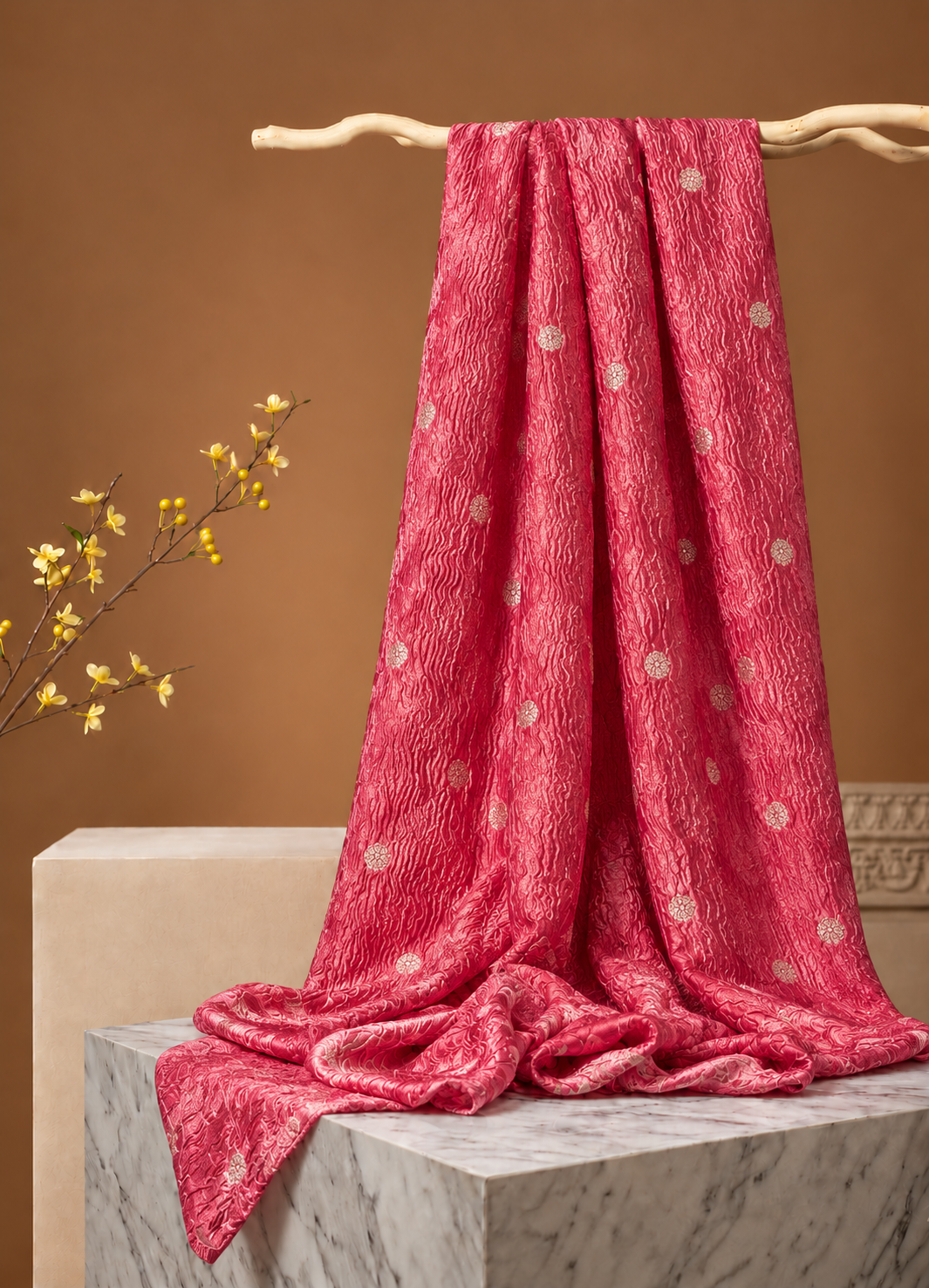 Rani Pink Crushed Tissue Fabric with Gold Zari Polka Motif