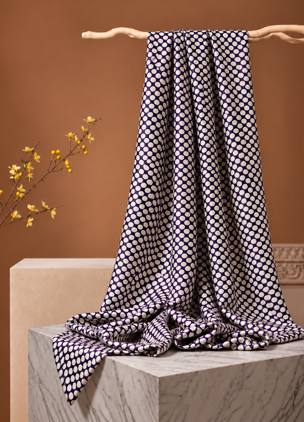 Purple Muslin Silk Polka Block Print Fabric