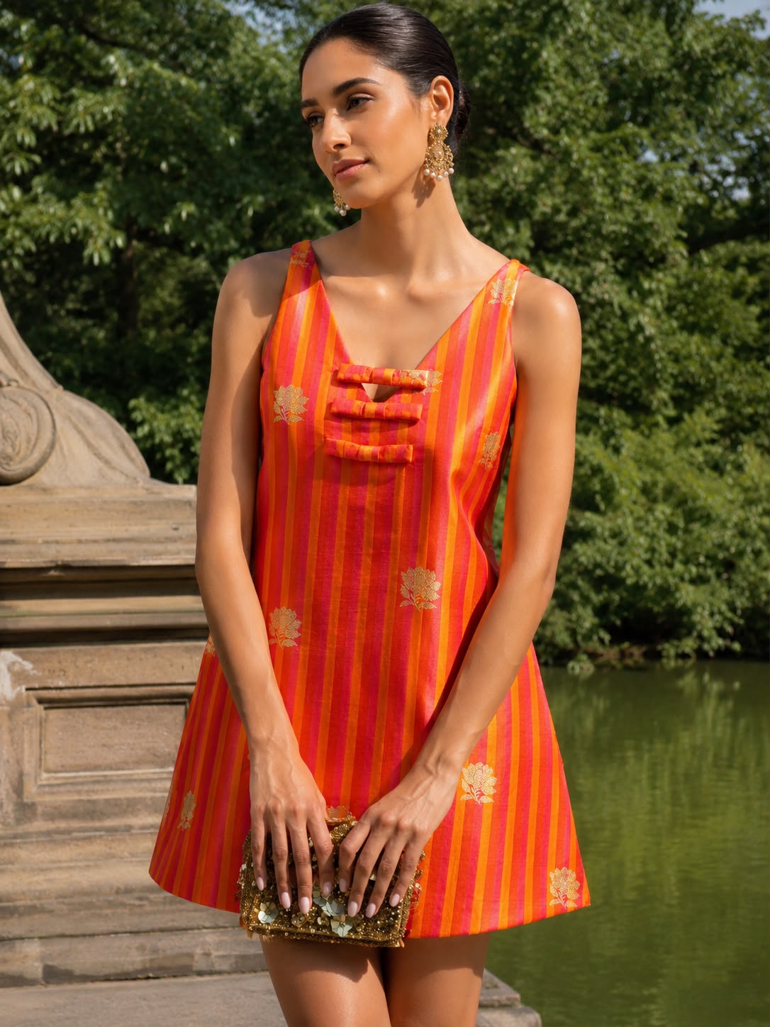 Orange Pure Katan Silk Fabric Rangkaat Stripes With Kadhwa Floral Boota