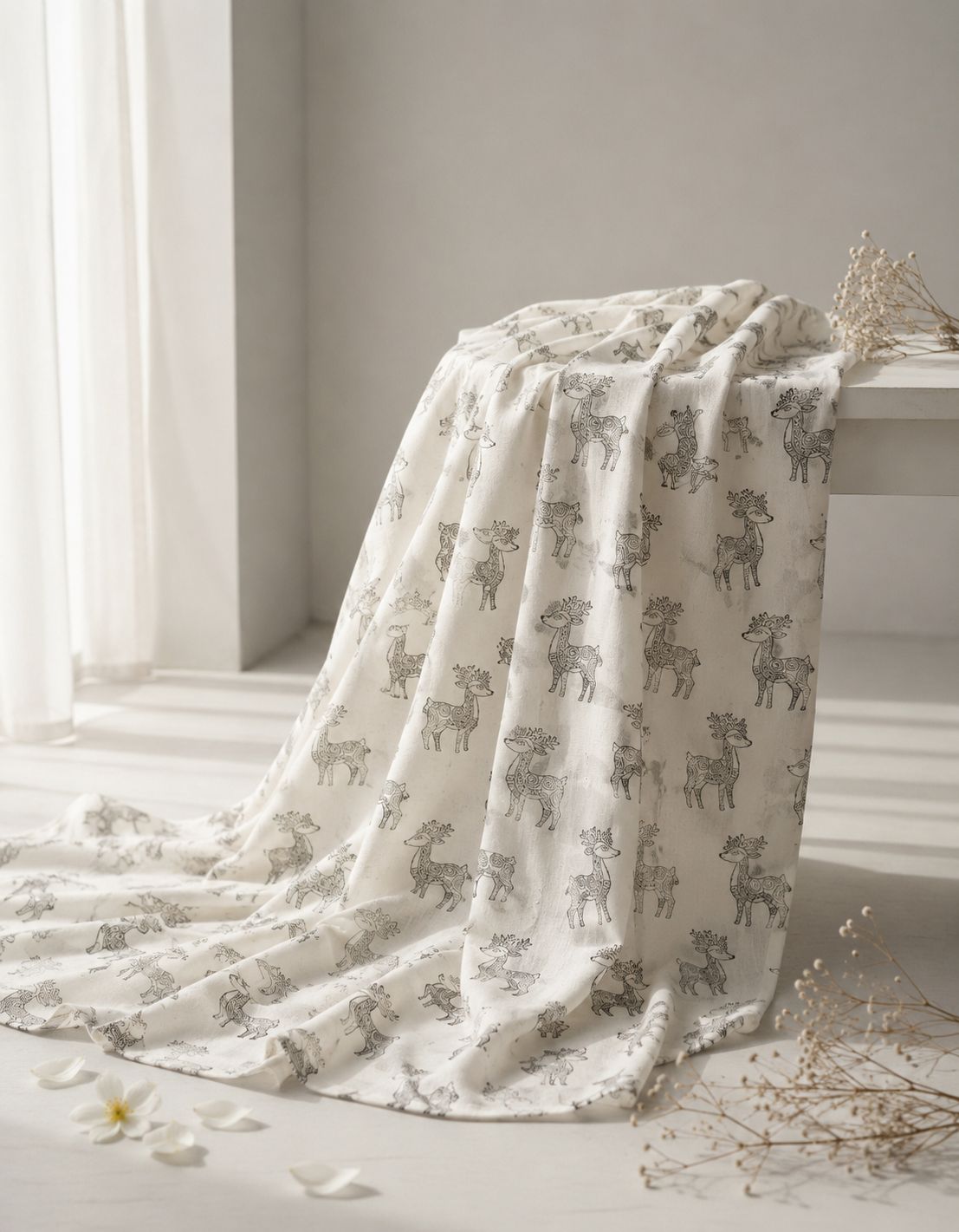 White Chanderi Silk Fabric With Hand Block Print
