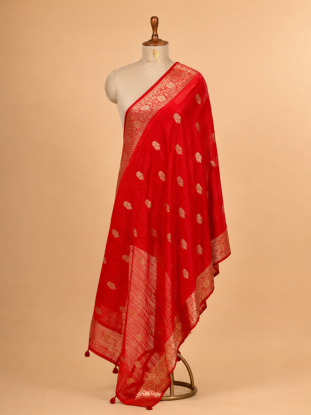 Red Banarasi Raw Silk Dupatta with Gold Zari Floral Bootis