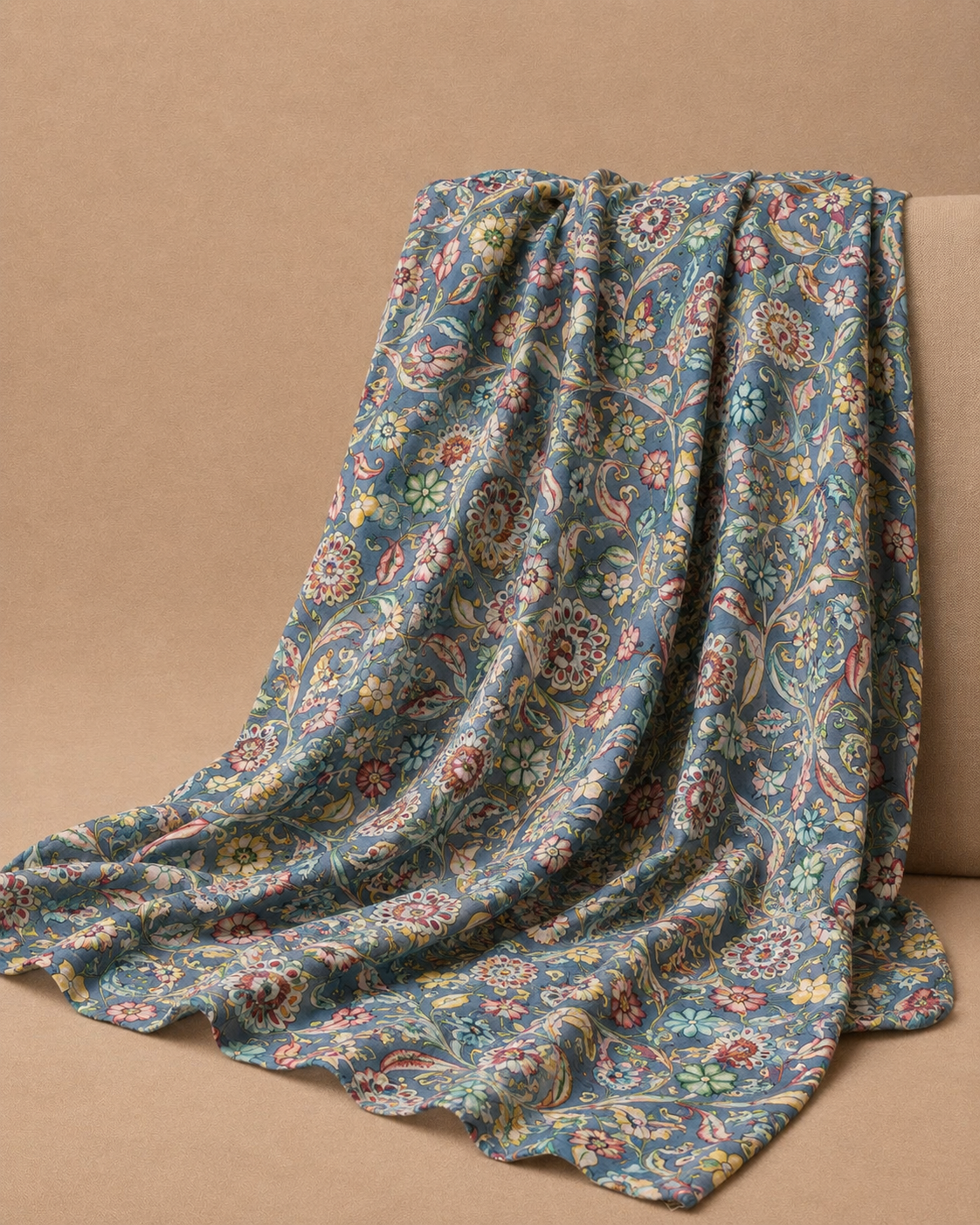 Denim Blue Tussar Kalamkari Printed Fabric