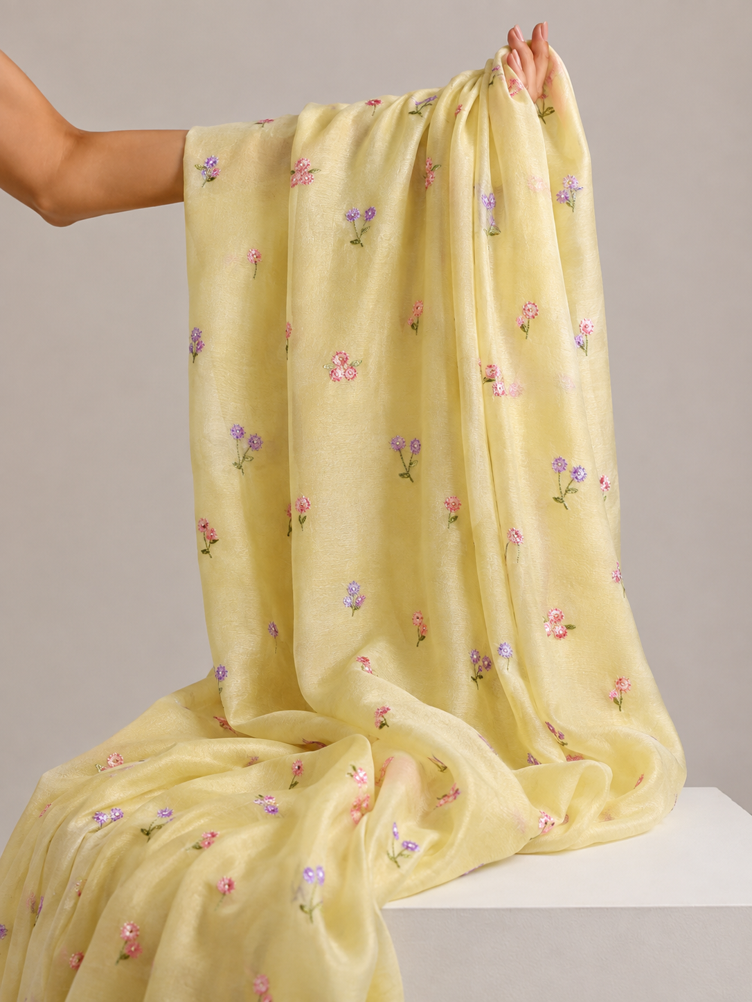 Pastel Yellow Mul Fabric with Floral Embroidered Pattern
