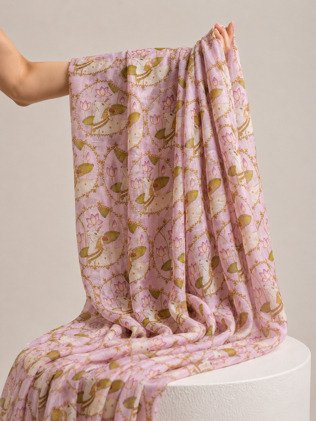 Lilac Pink Mul Nandi Pichwai Fabric