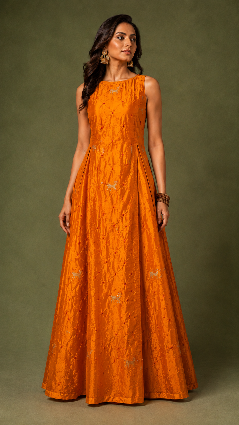 Mustard Yellow Chiniya Silk Bandhani With Deer Kadhwa Motif Fabric