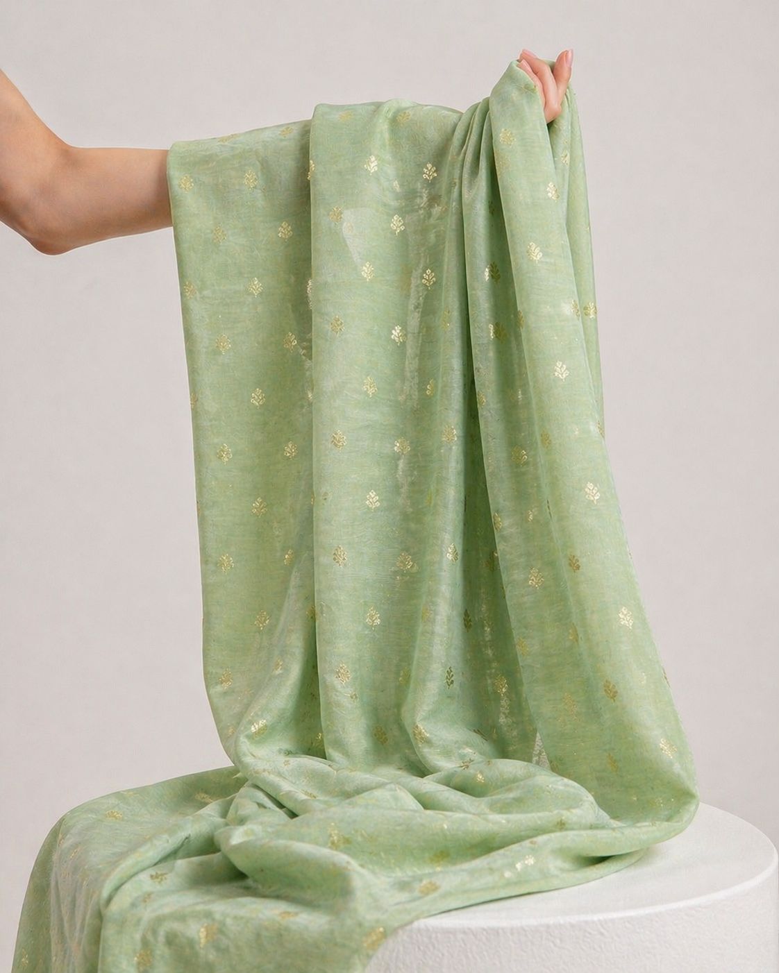 pista green Pure Mul Fabric With Silver Zari