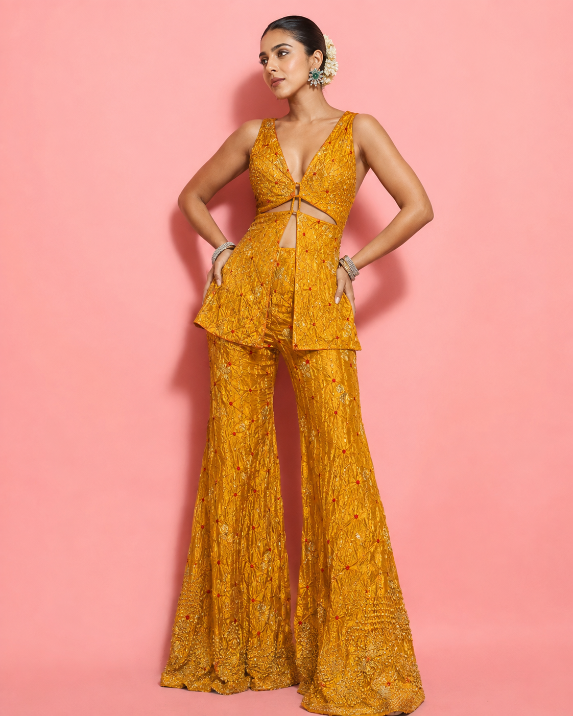 Mustard Yellow Chiniya Silk Bandhani Fabric With Kadhwa Motif