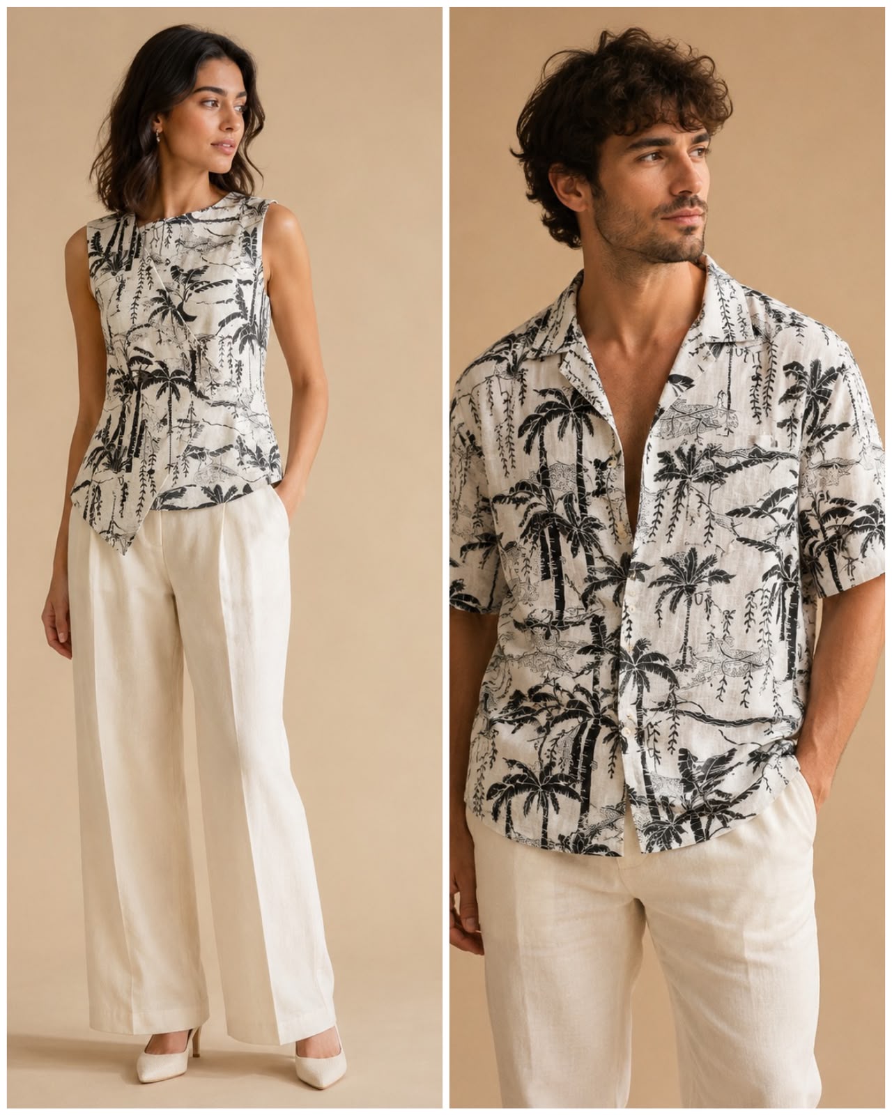 White Linen Printed Fabric with Tropical Palm Tree Motifs