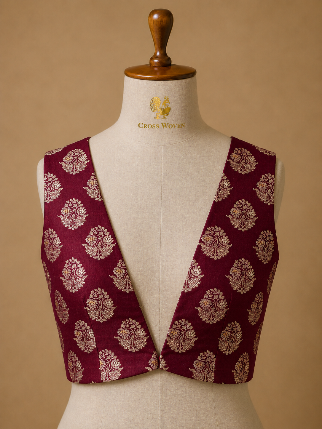 Wine-Maroon Semi Katan Silk Allover Floral Bootis Blouse Piece