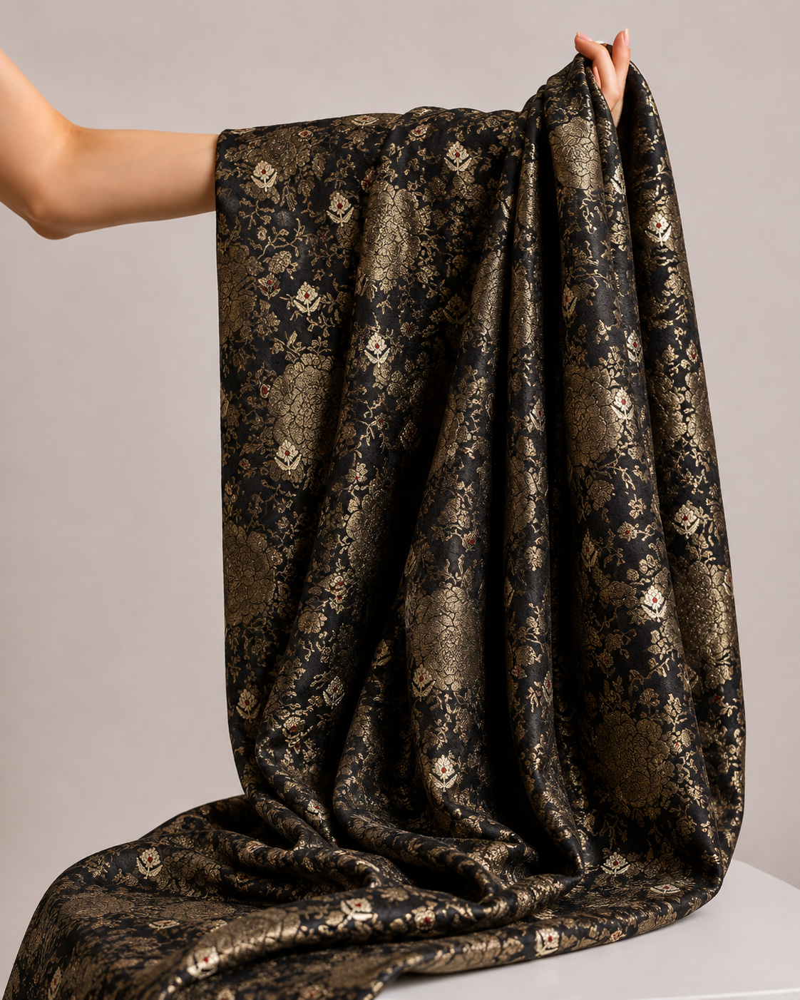 Black Soft Silk Fabric with Floral Jaal