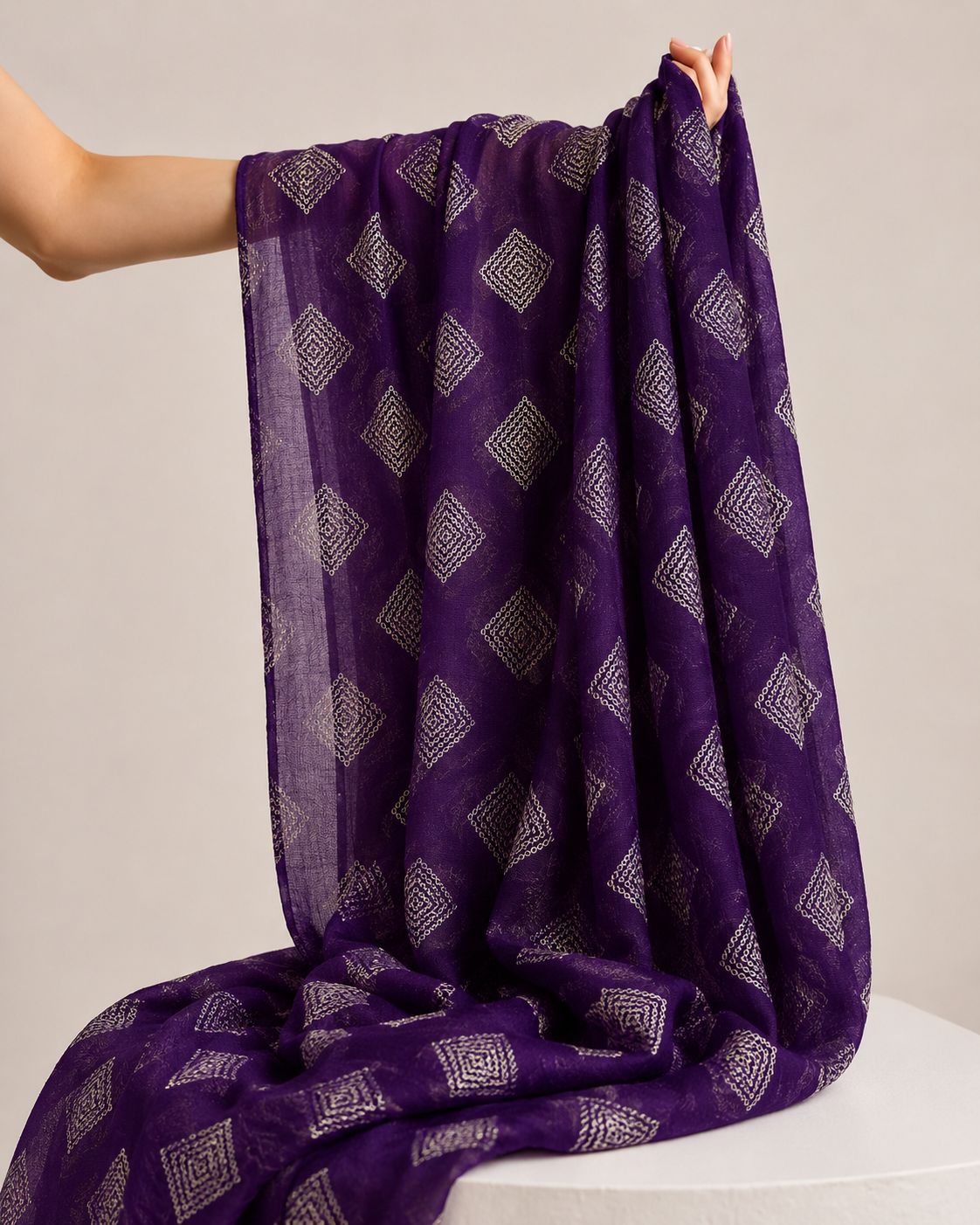 Deep Purple Mul Embroidered Fabric