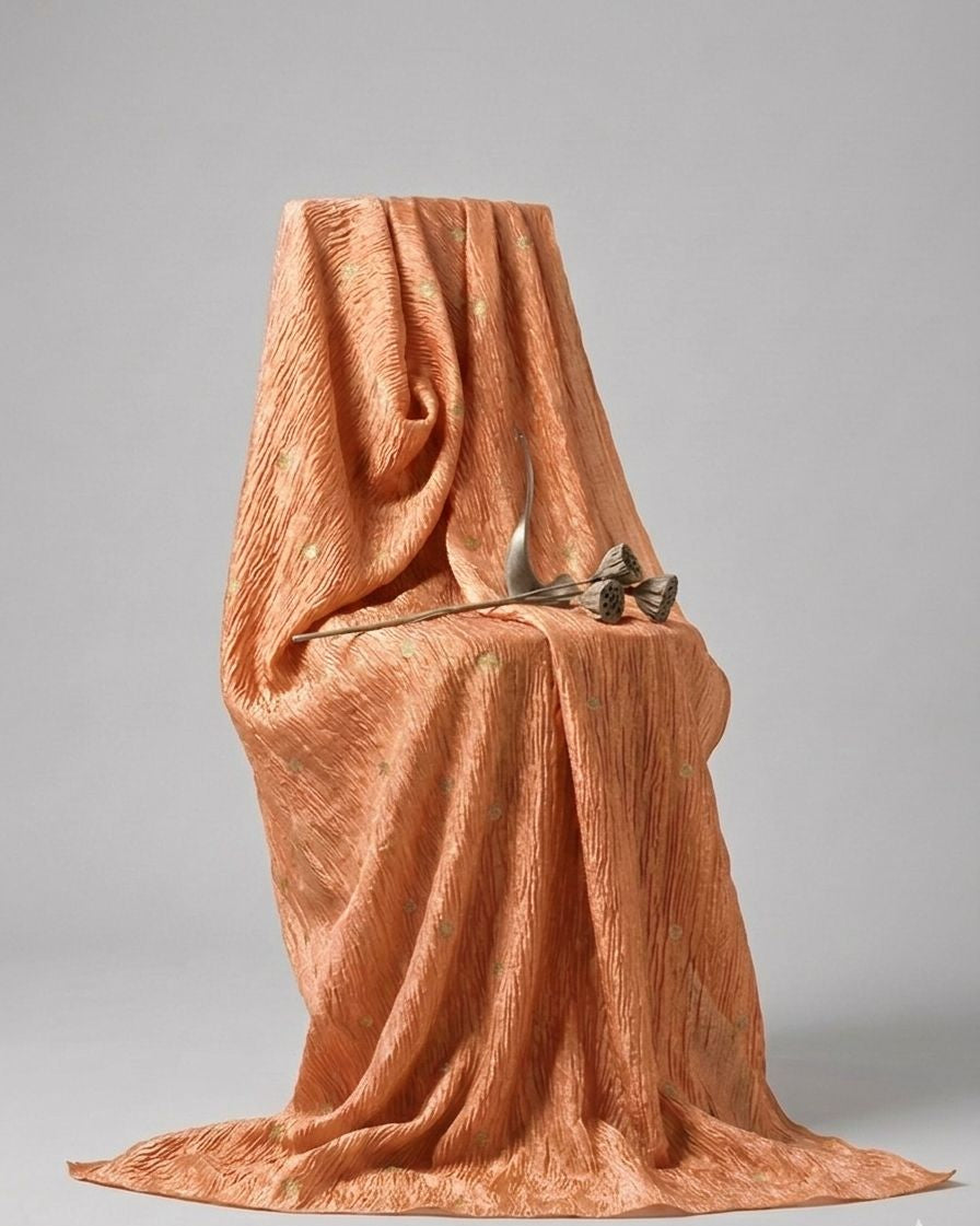 Peach Gold Crushed Tissue Fabric with Gold Zari Floral Motifs