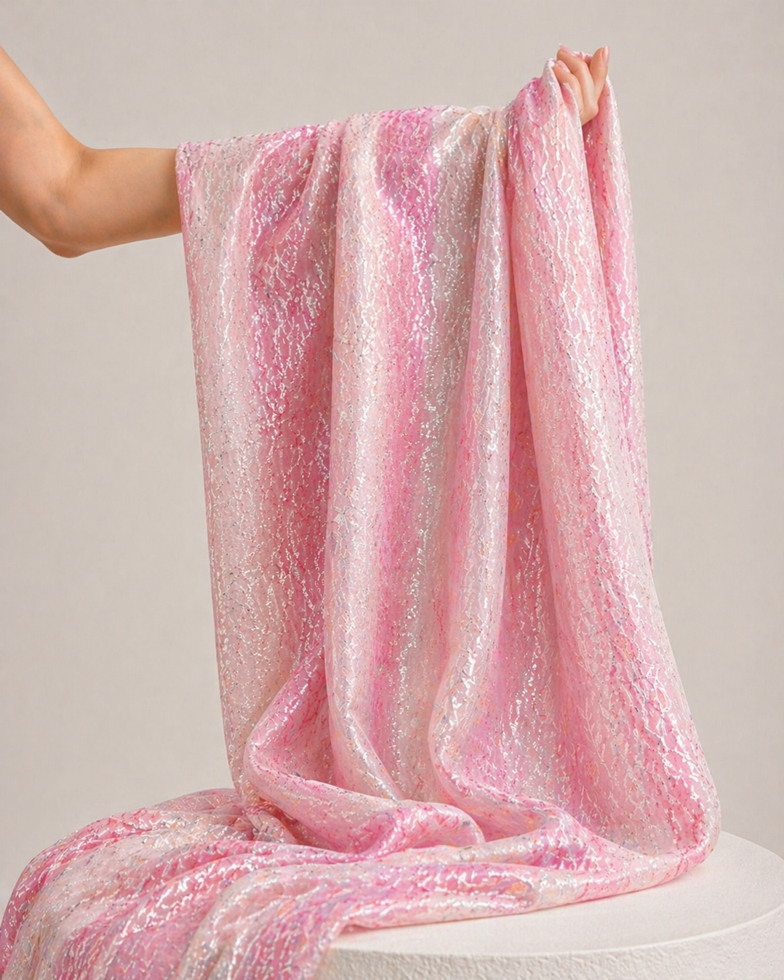 Pink Rangkaat Dye Pure Mul Cotton Fabric With Sequin Embroidery