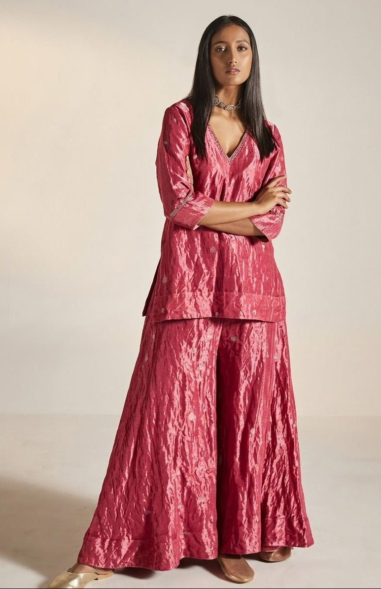 Rani Pink Crushed Tissue Fabric with Gold Zari Polka Motif