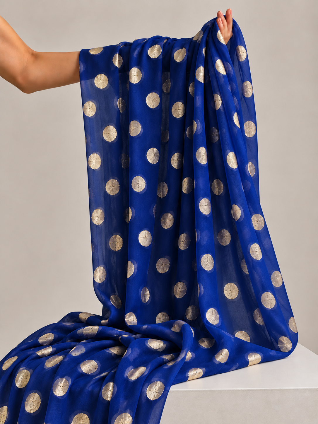 Blue Pure Georgette Fabric with Polka Dots