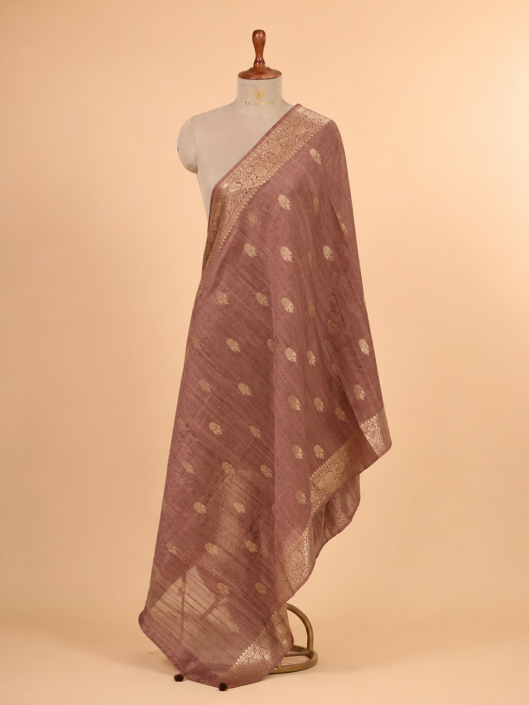 Dusty Mauve Banarasi Raw Silk Dupatta with Gold Zari Floral Bootis