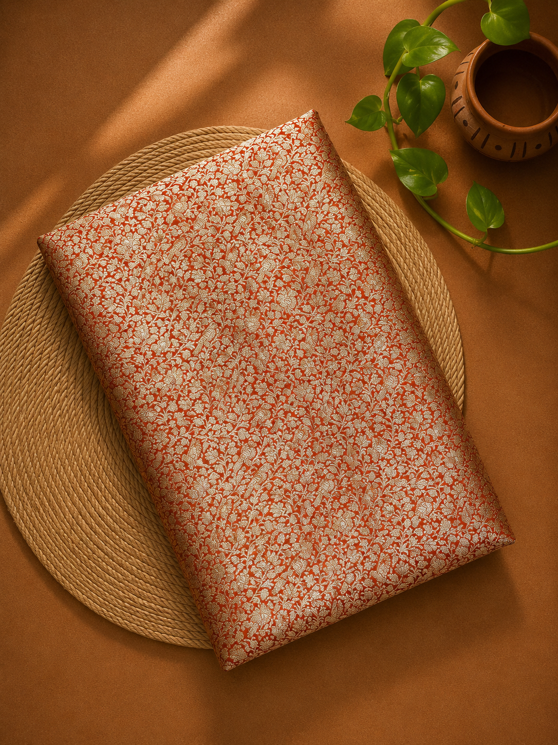 Rust Shikarghah Katan Silk Handloom Fabric