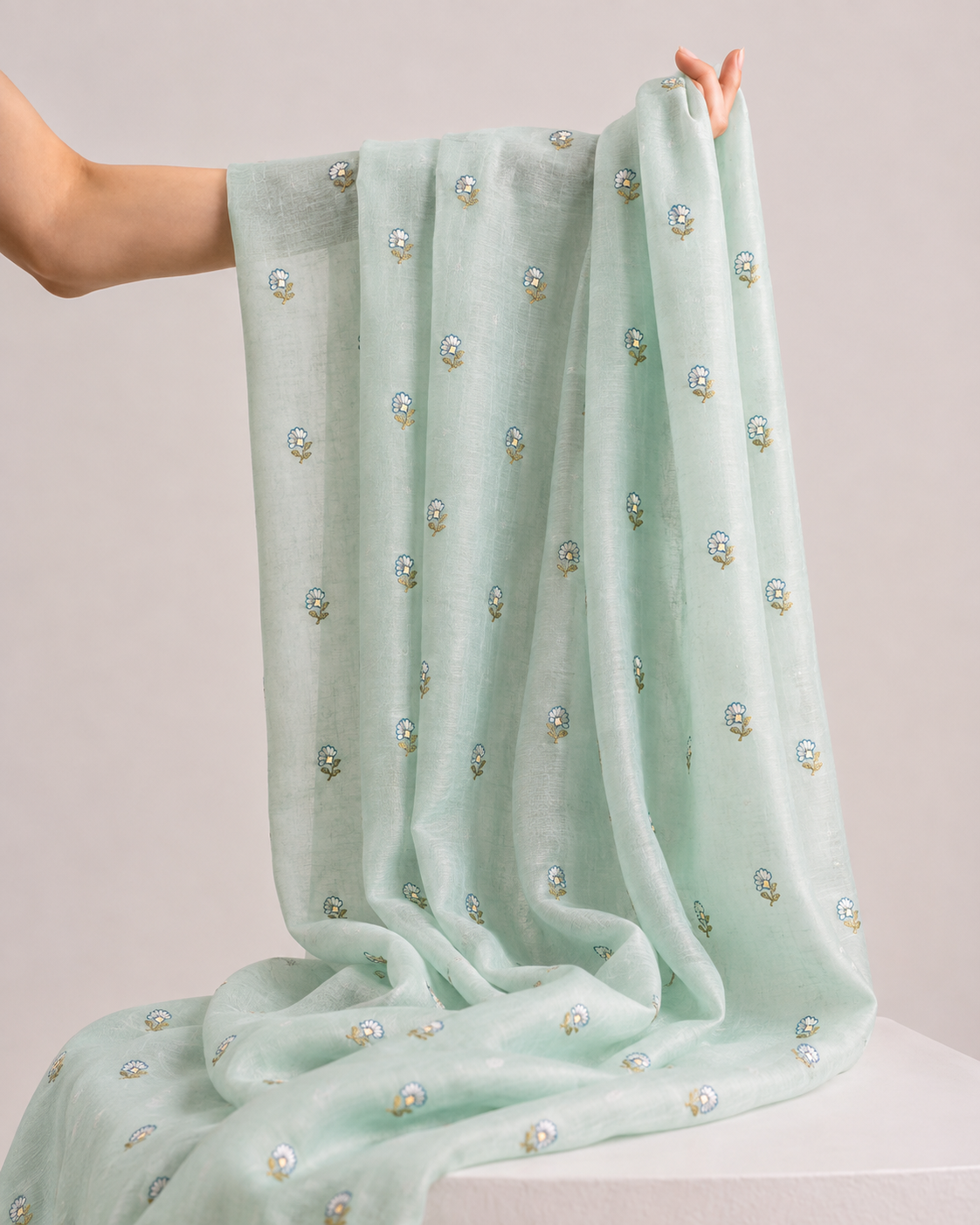 Sage-Mint Mul Fabric with Floral Embroidery