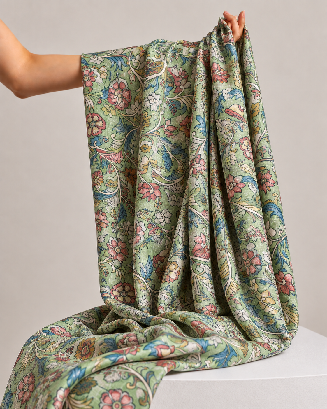 Sage Green Tussar Kalamkari Printed Fabric