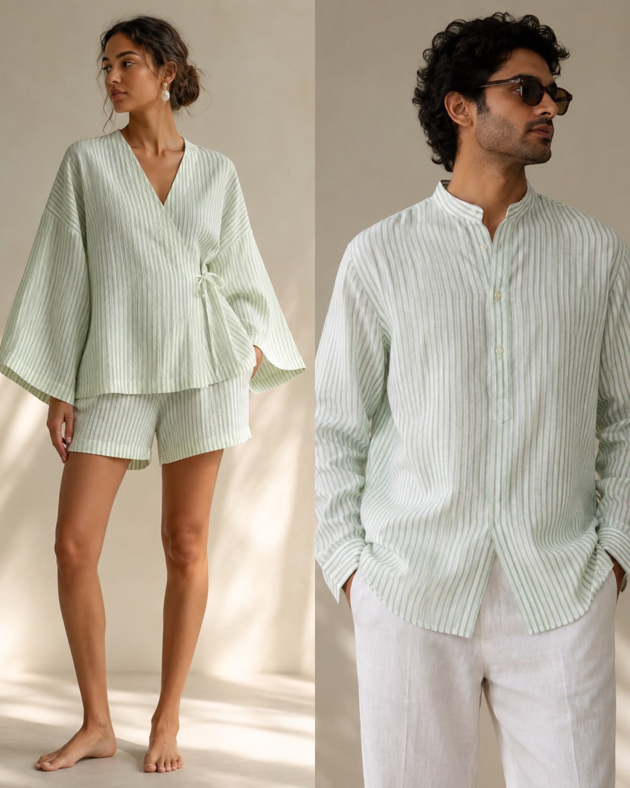 Pastel Mint & White Striped Linen Fabric