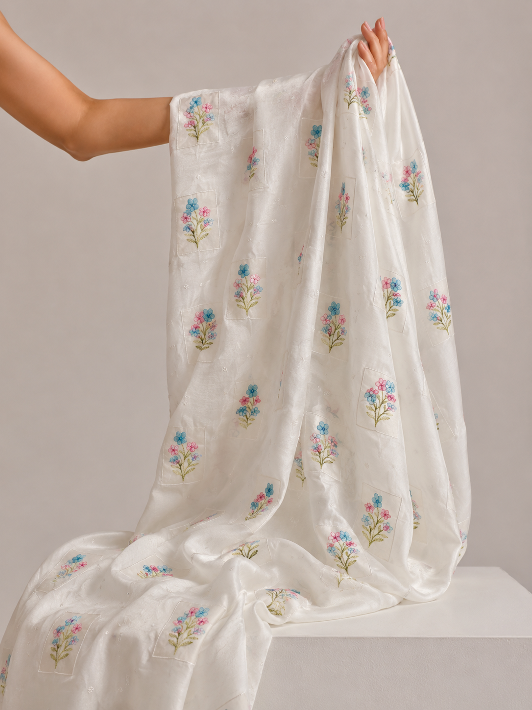 White Mul Fabric with Floral Embroidered Pattern