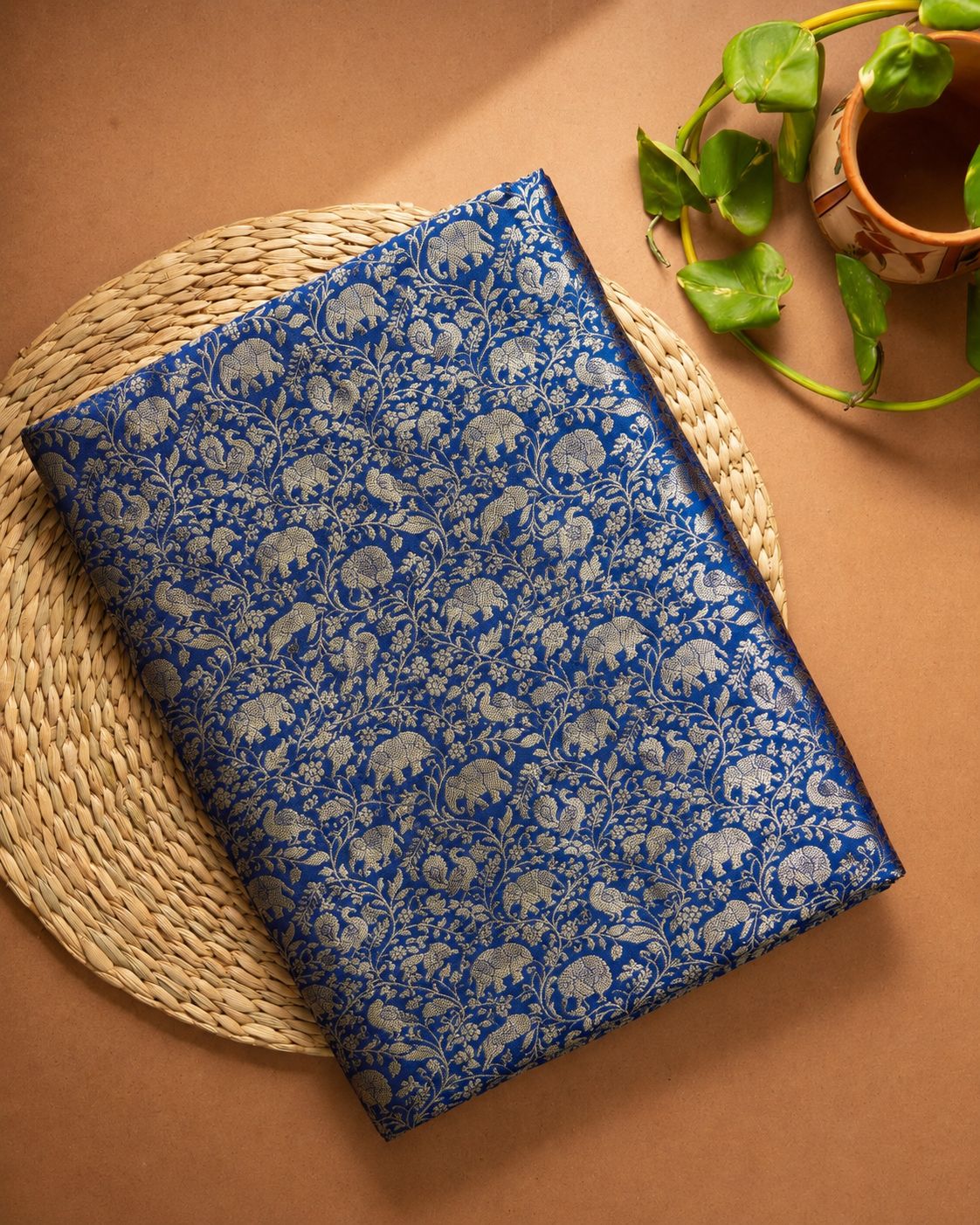 Deep Navy Shikargah Katan Silk Handloom Fabric