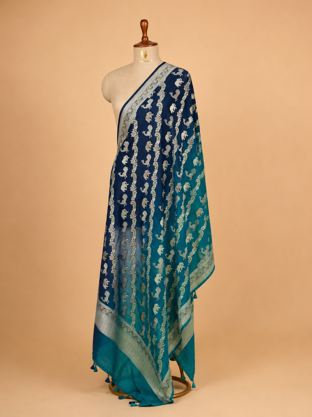 Hand Brush-Dyed Shaded Moonga Silk Dupatta with Shikargah Motifs