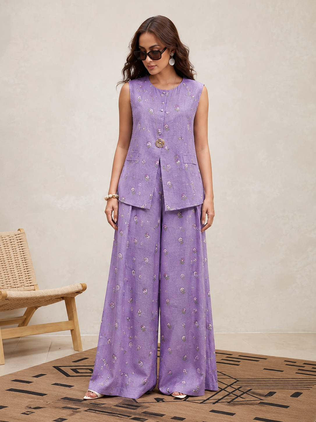 Purple Mul Fabric with Floral Embroidery