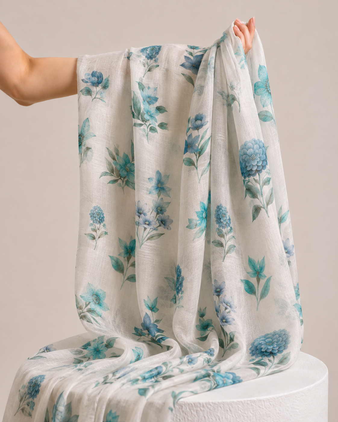 White Mul Floral Prints Fabric