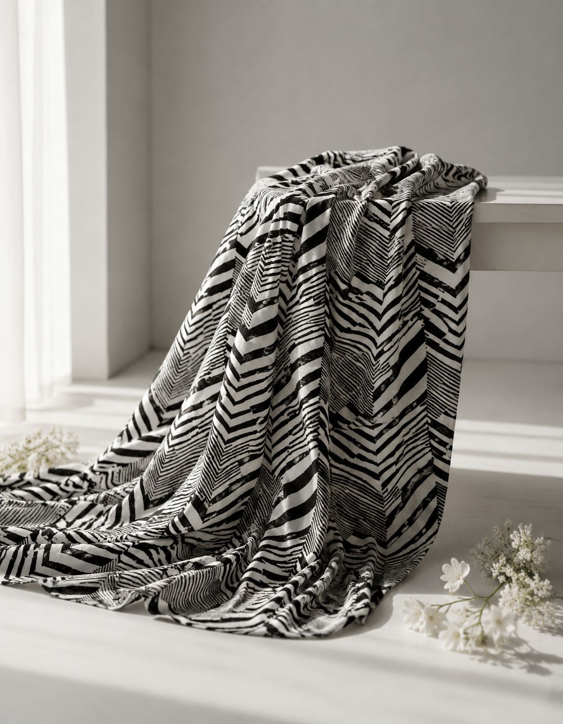 Chanderi Silk Fabric With Chevron Hand Block Print
