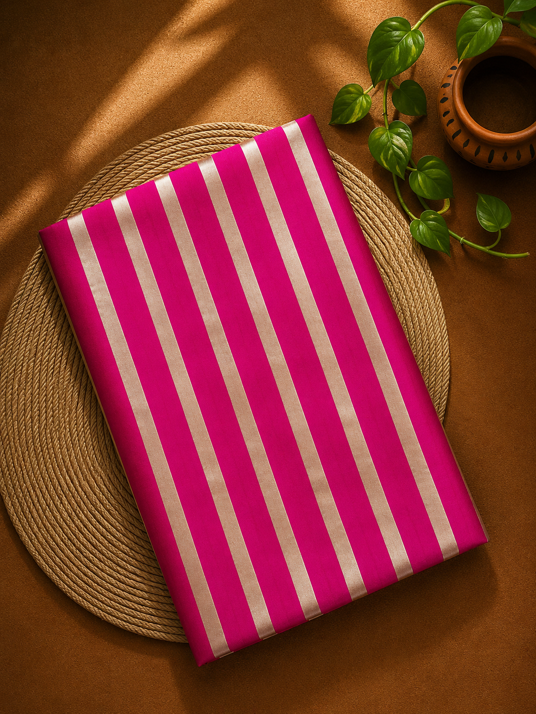 Pink & Silver Pure Satin Silk Stripe Fabric