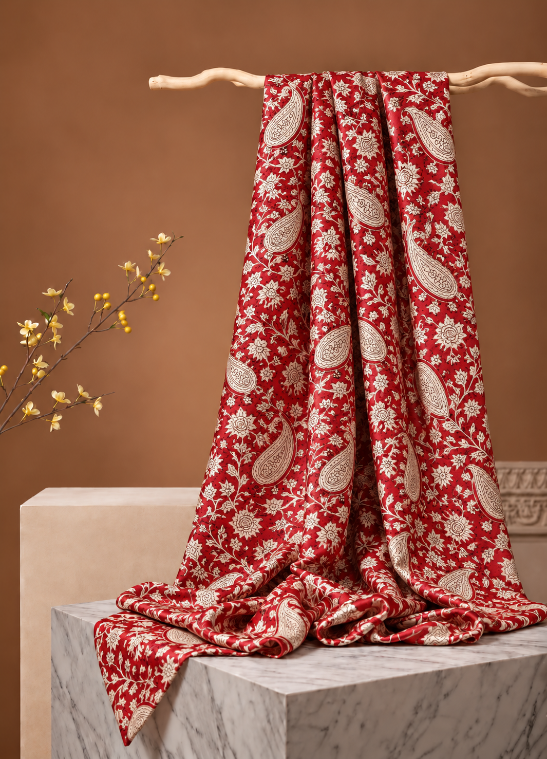 Red Muslin Silk Paisley Block Print Fabric