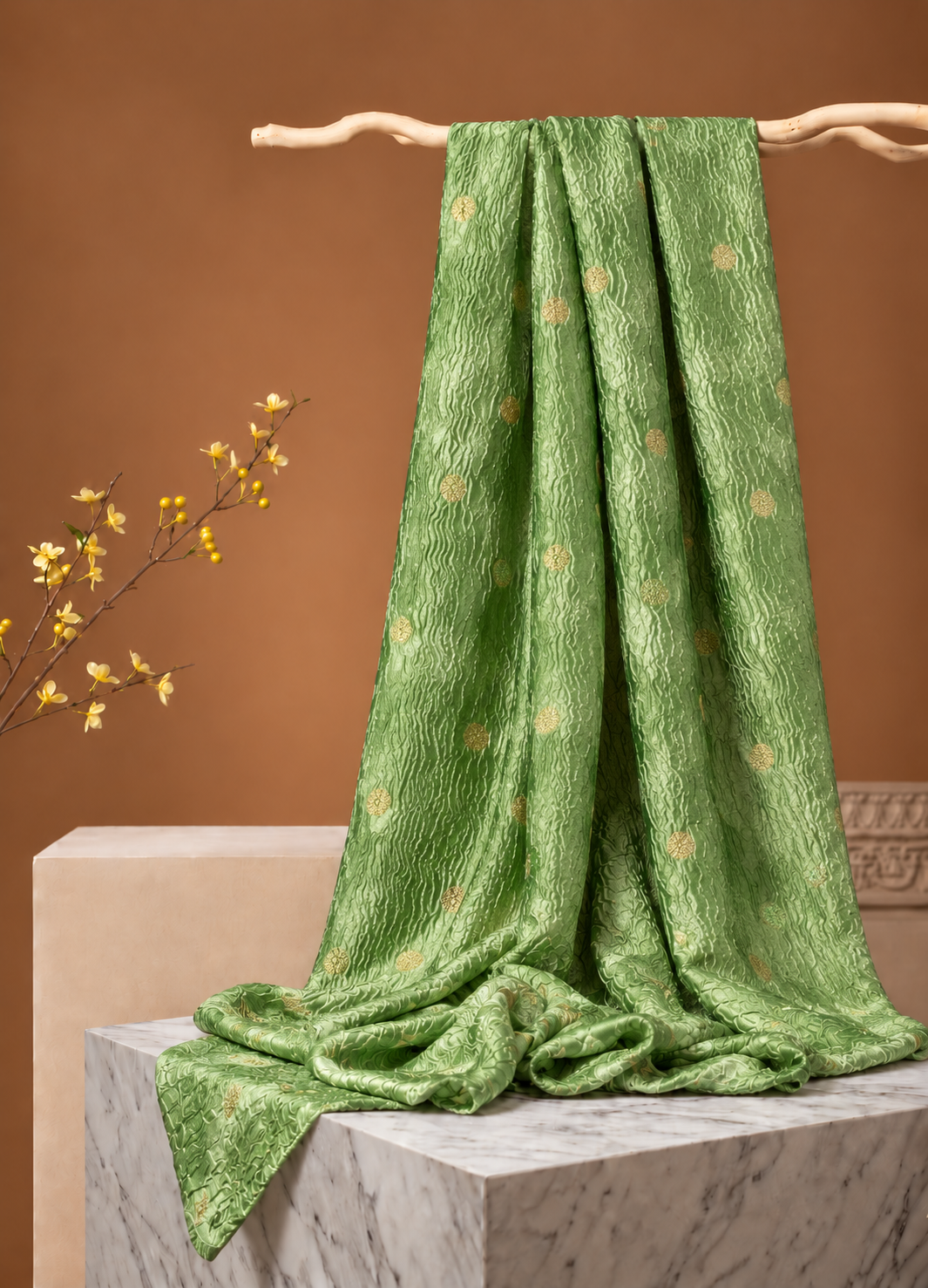 Pastel Green Crushed Tissue Fabric with Gold Zari Floral Motifs