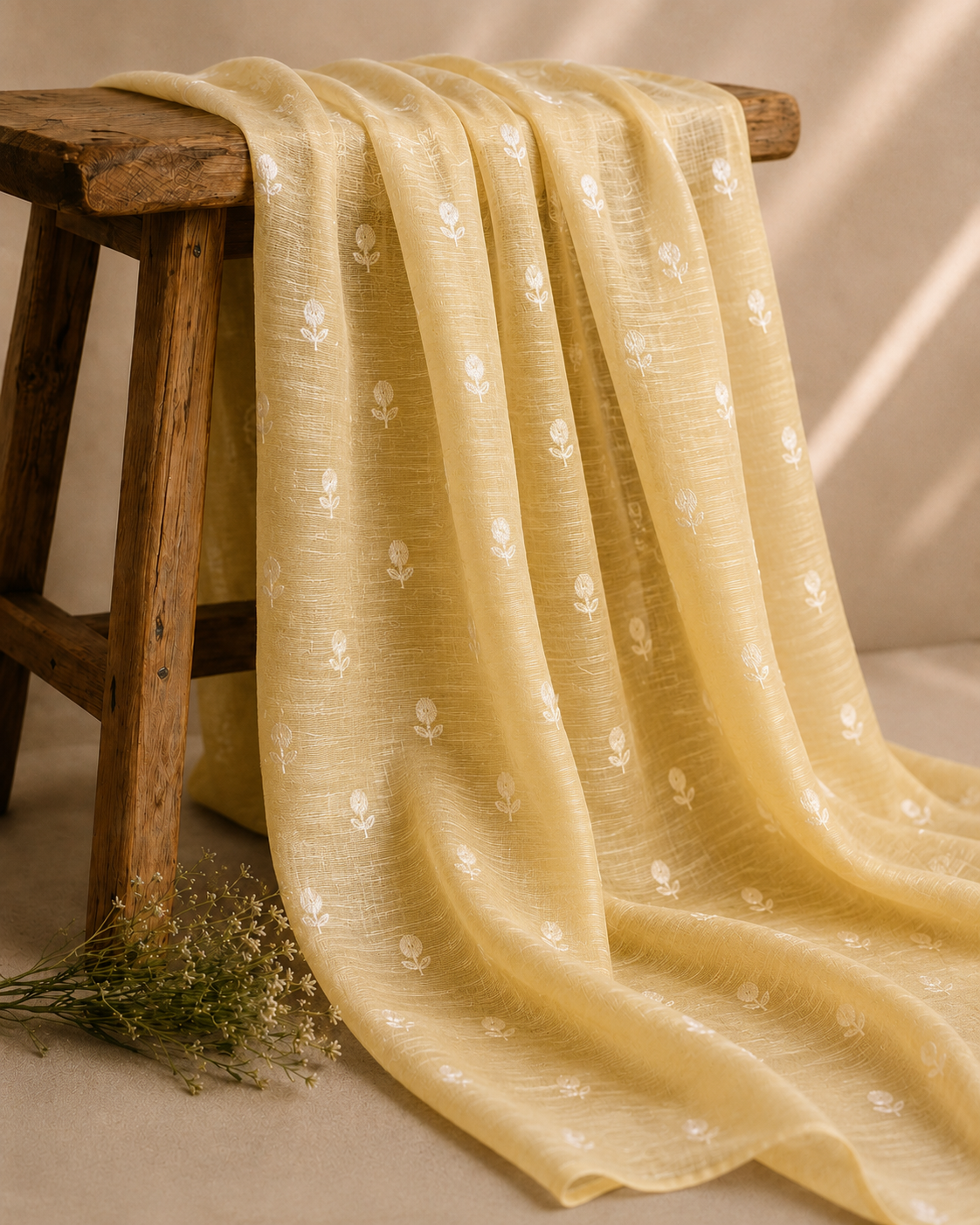 Pastel Yellow Silk Linen Fabric With Flower Embroidery