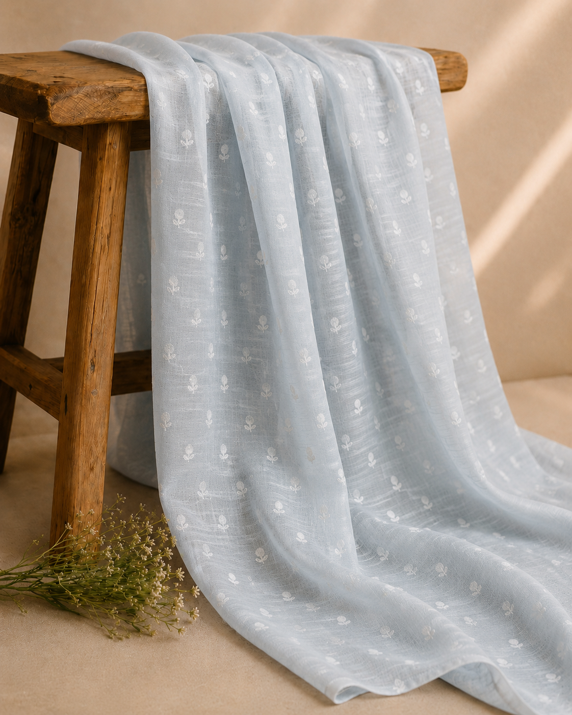 Baby Blue Silk Linen Fabric With Flower Embroidery