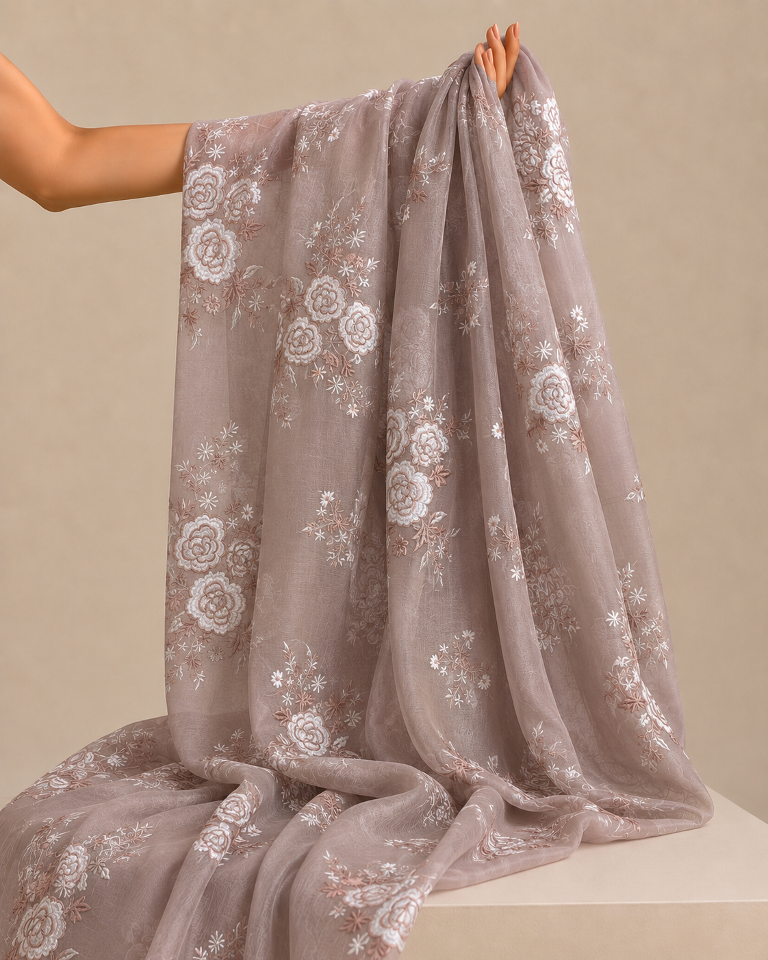 Dusty Mauve Mul Fabric Floral Bouquet Embroidered Motif