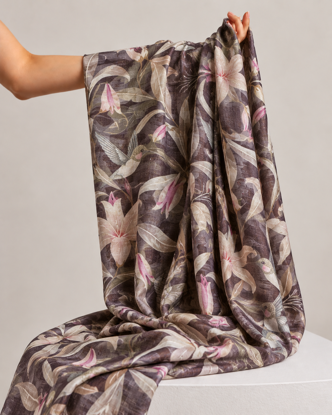 Charcoal Plum Tussar Kalamkari Printed Fabric