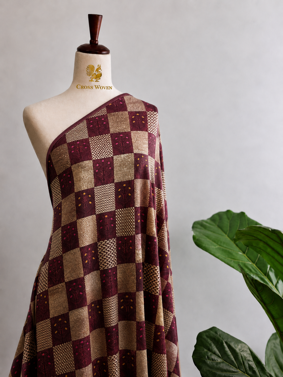 Wine Maroon Soft Silk Fabric with Meenakari Checkered Zari Weave