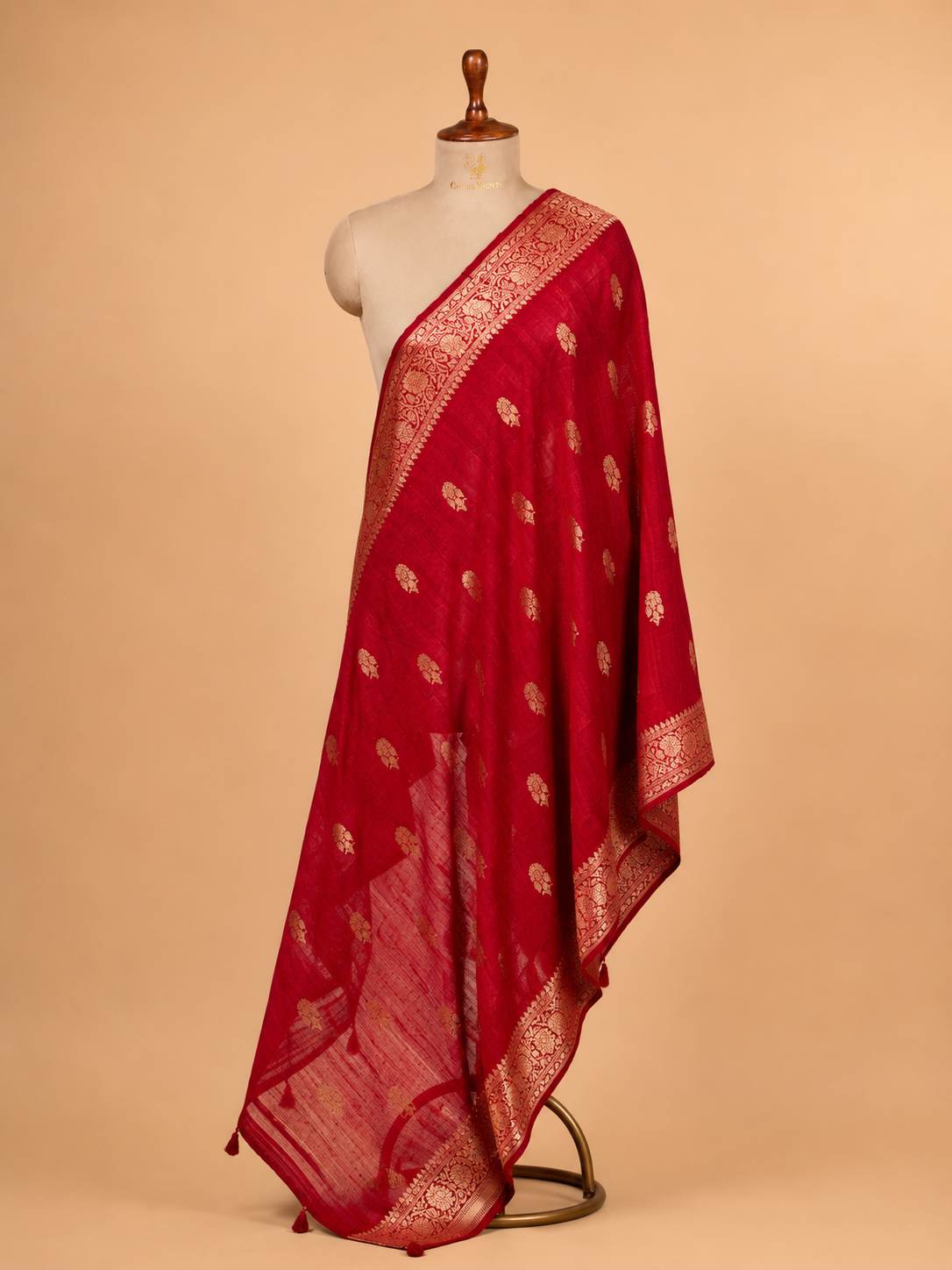 Crimson Red Banarasi Raw Silk Dupatta with Gold Zari Floral Bootis