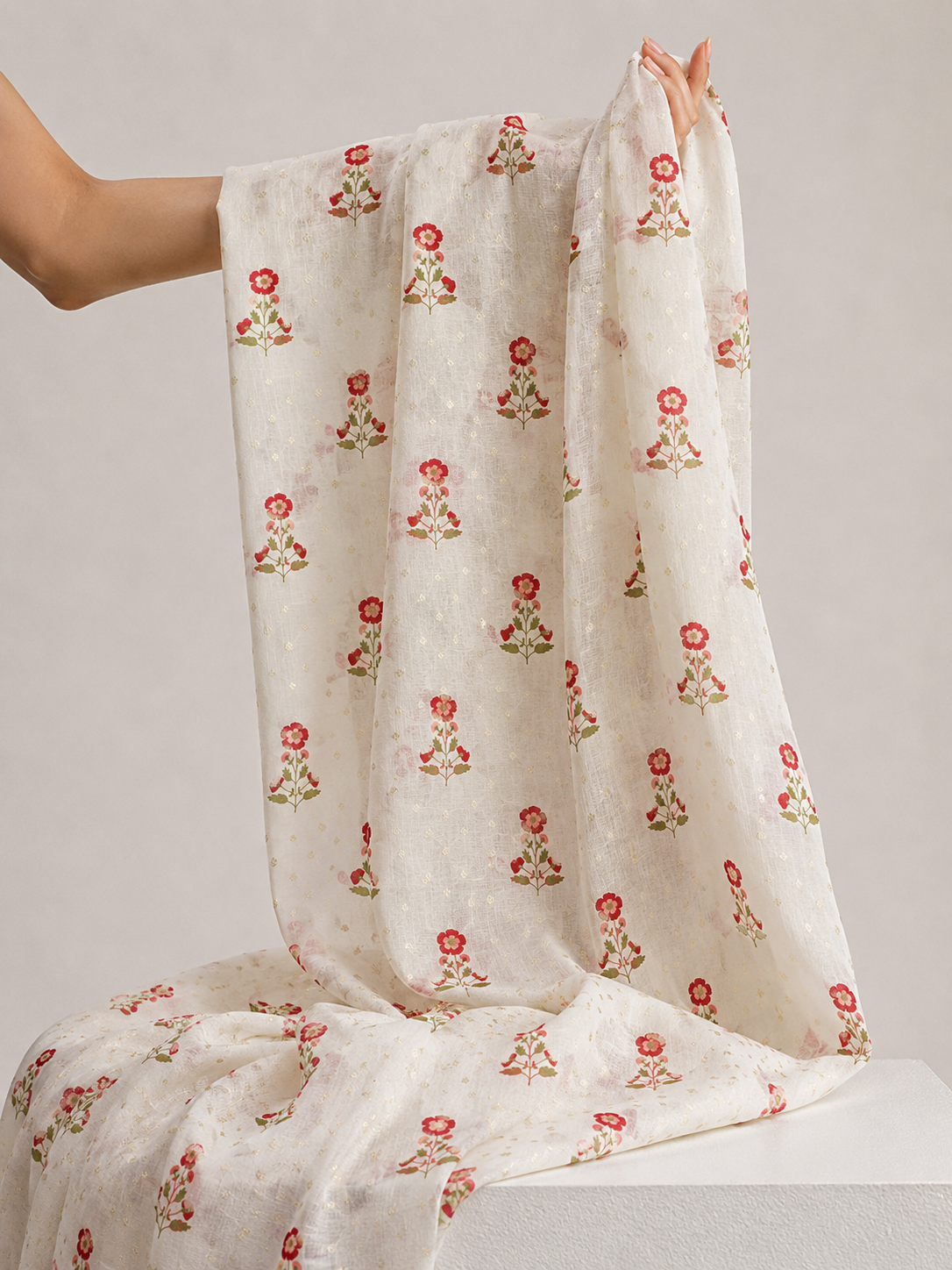 Ivory & Red Floral Mul Weaving Fabric