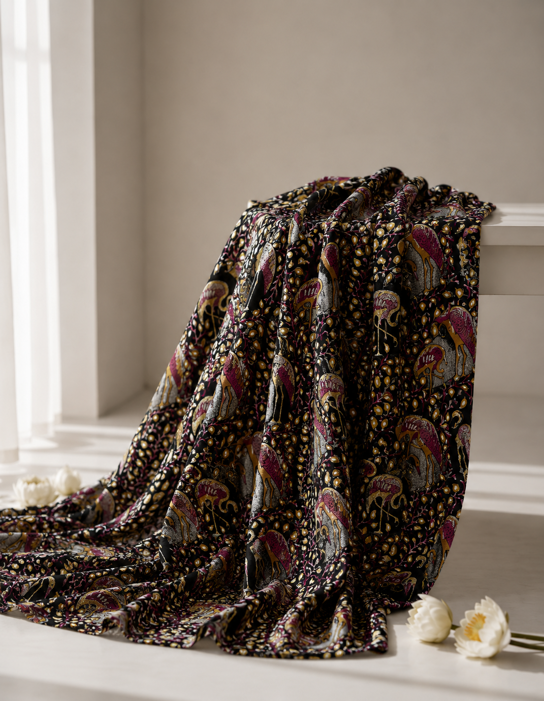 Pure Chanderi Silk Fabric With Black Hand Block Prints