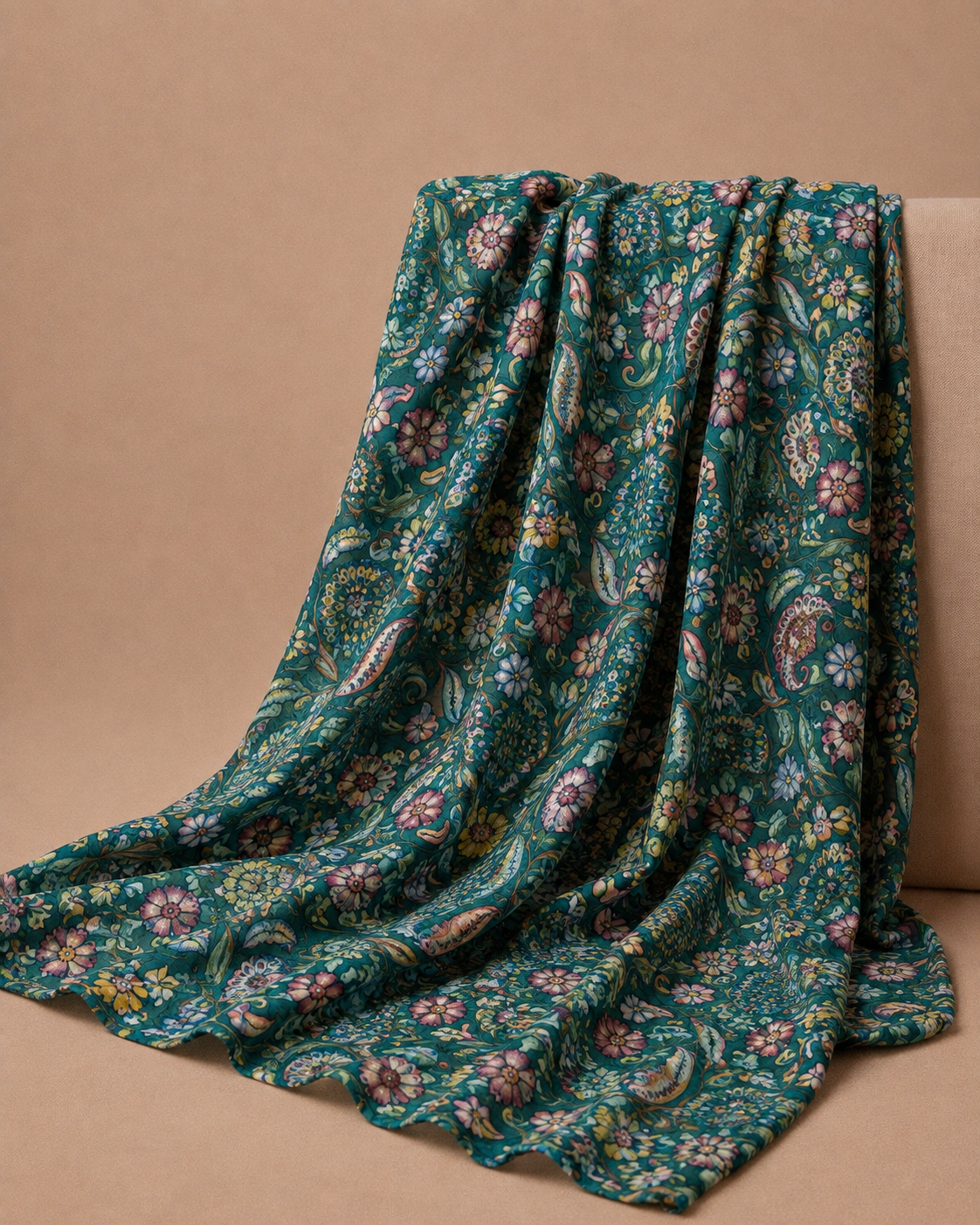 Teal Green Tussar Kalamkari Printed Fabric