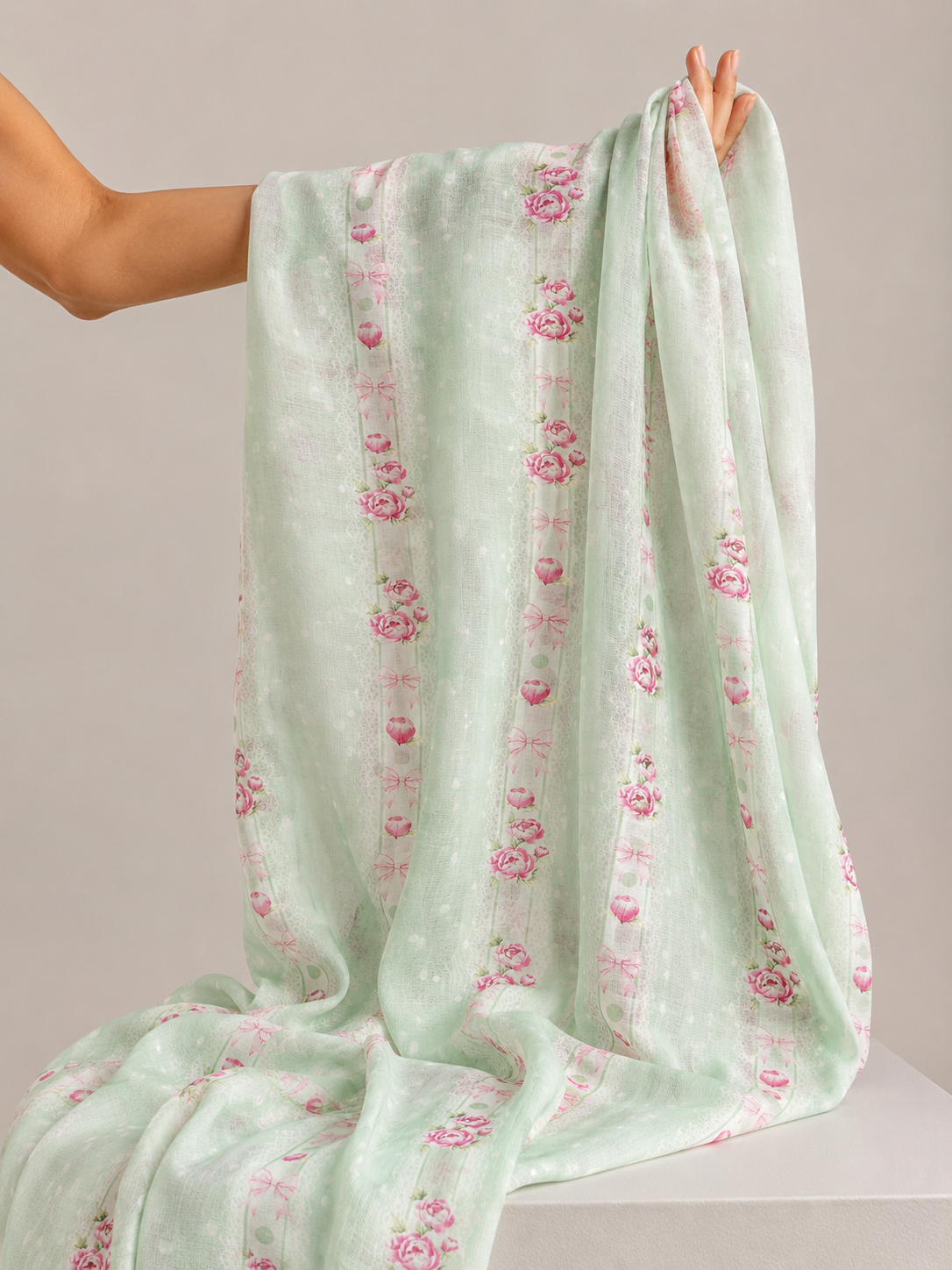 Mint Green Mul Floral Prints Fabric