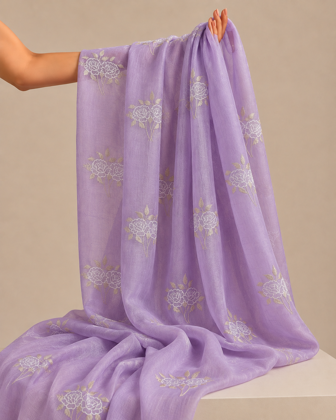 Lavender Mul Fabric Floral Embroidered Motif