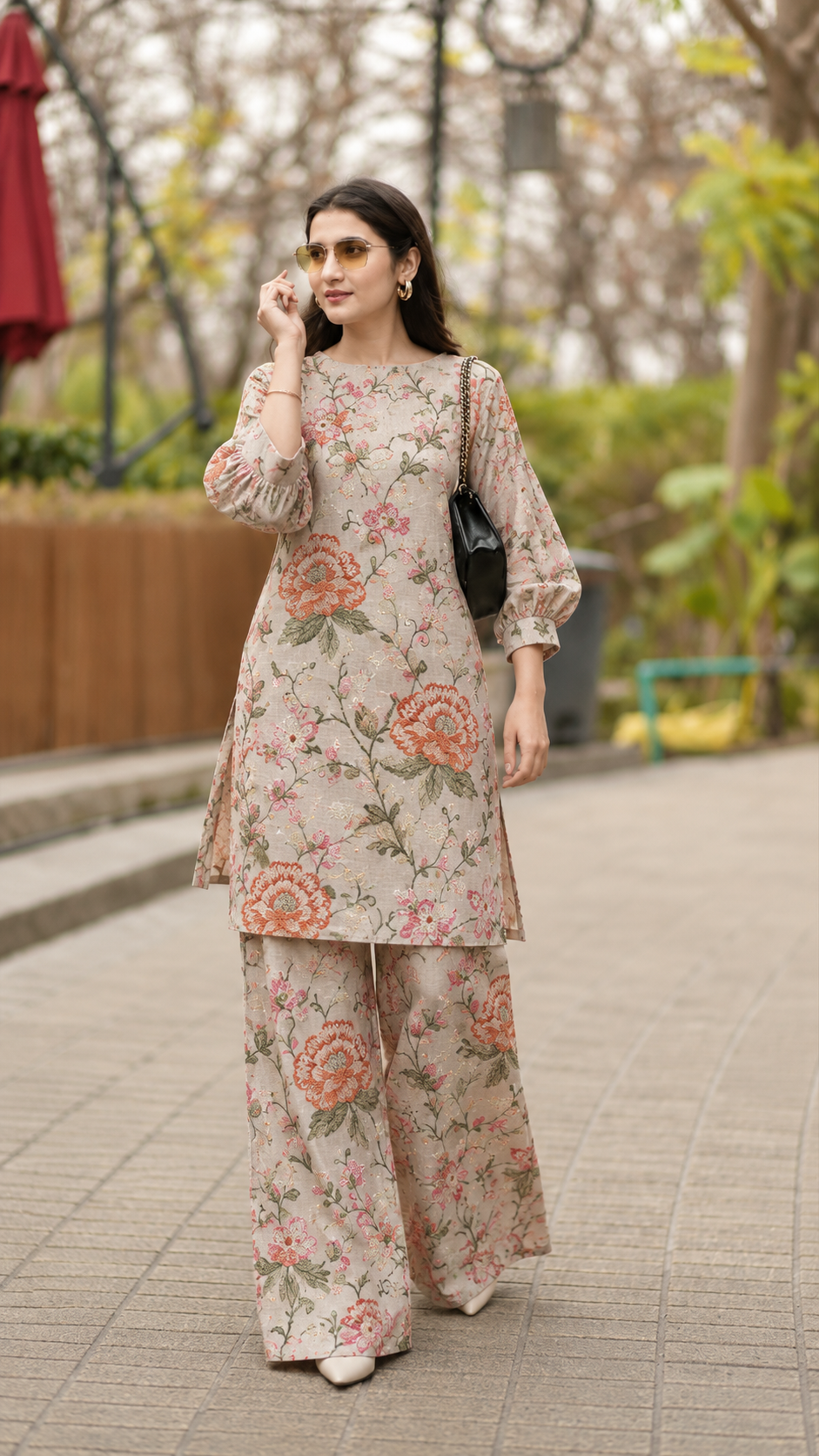 Ivory-Beige Pure Tussar Natural Floral Embroidered Fabric
