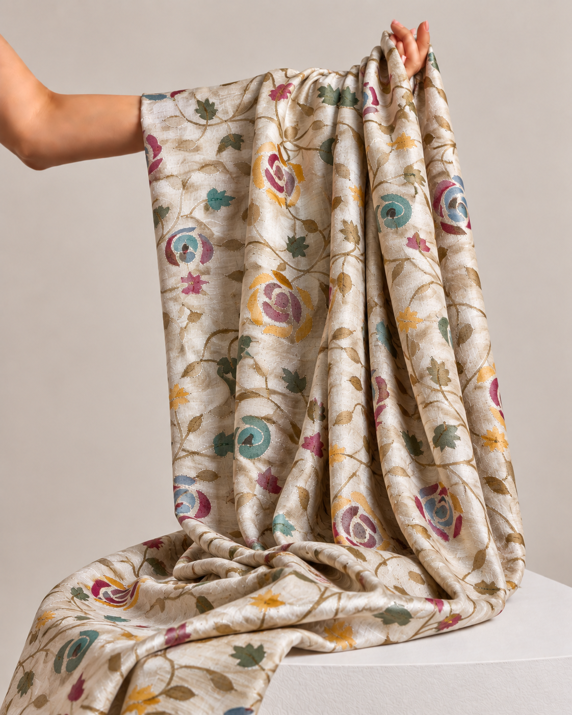 Ivory-Beige Pure Tussar Natural Floral Embroidered Fabric