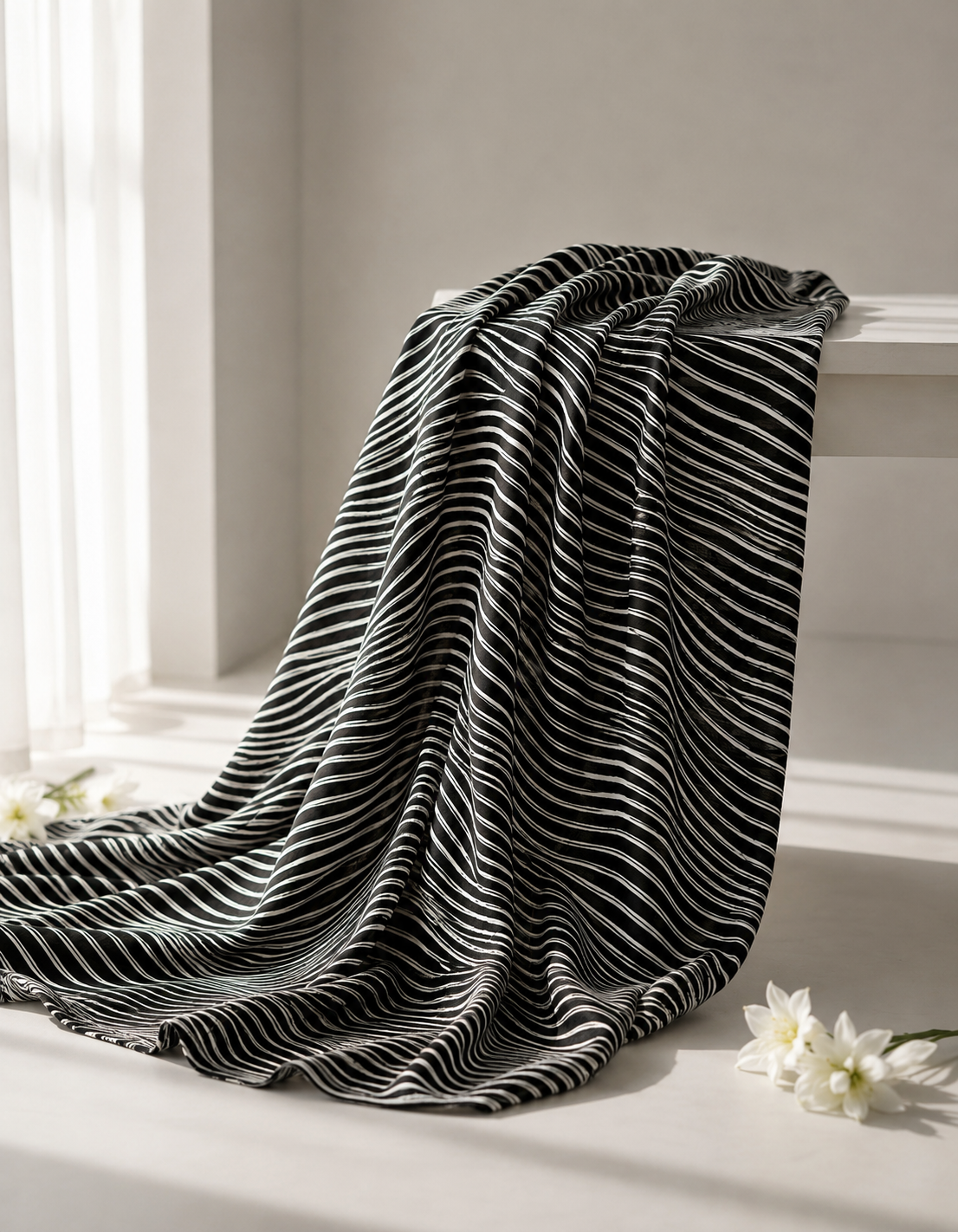 Pure Chanderi Silk Fabric With Black Hand Block Prints