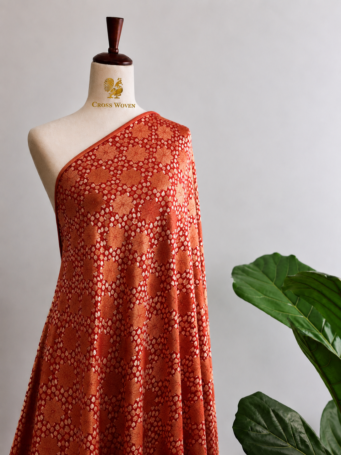 Vermilion Red Soft Silk Fabric with Geometric Bootis