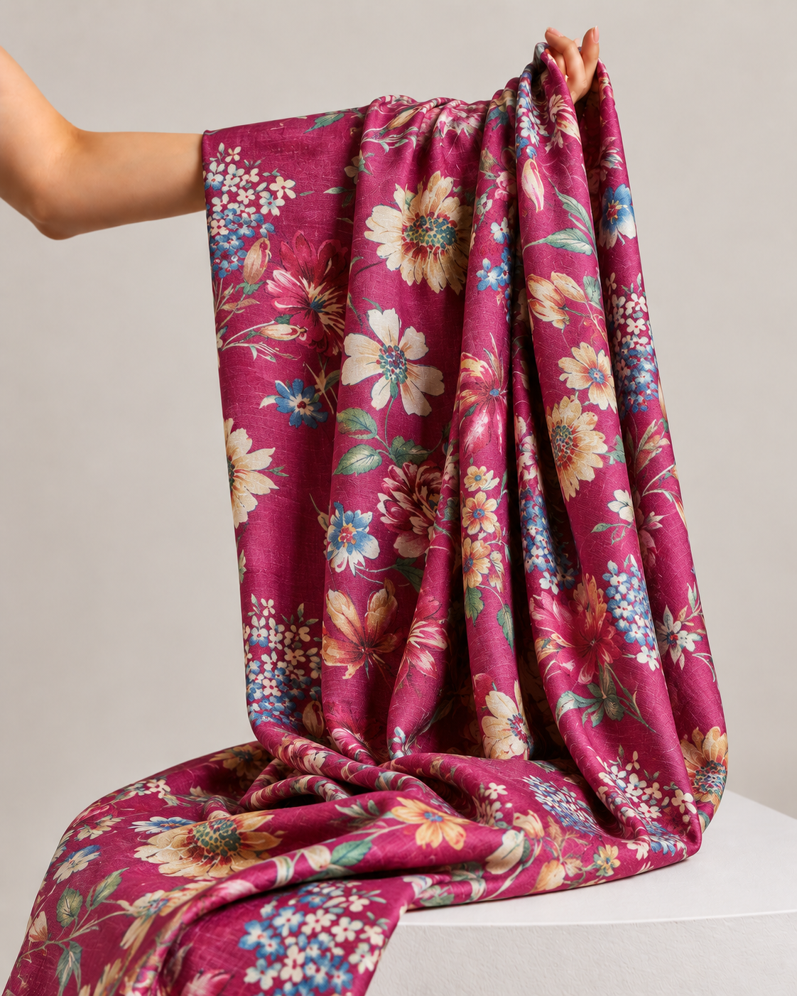 Magenta Tussar Kalamkari Printed Fabric